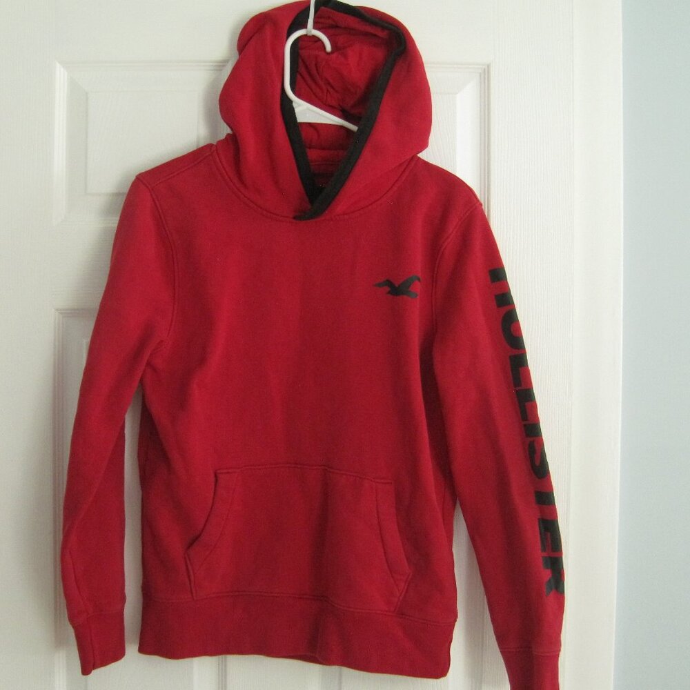Hollister Boys Red Black Hoodie with Sleeve Print and Big Logo Back Size XS